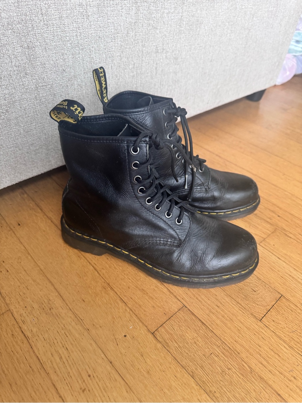 Dr. Martens Black Leather 8-Eye Lace-Up Ankle Boots with Yellow Stitching